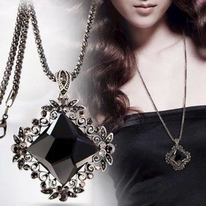Long Silver Tone Embroidered Rhombus Cut Diamond Necklace